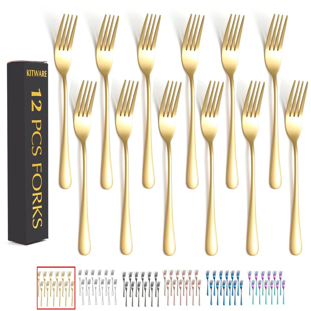 12 Pieces Gold Salad Forks Set, Stainless Steel Flatware Utensils, Home & Kitchen Metal Cutlery Set, Heavy Duty Silverware Small Forks 6.8 Inch, New Appartment Essential Tableware
