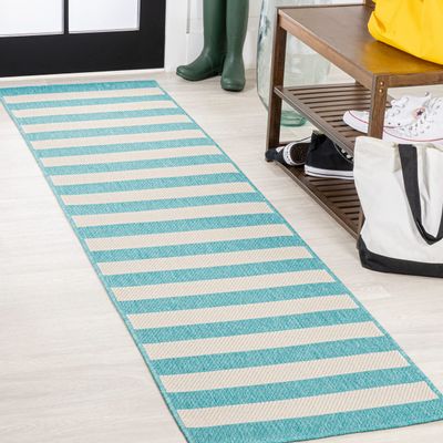 JONATHAN Y Two-Tone Wide Stripe Indoor Outdoor Runner Rug 2X8 Aqua/Cream, Negril for Backyard, Patio, Porch, Easy-Cleaning, High Traffic, Pet-Friendly, Non-Shedding (SMB203E-28)