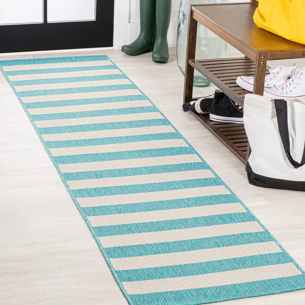 JONATHAN Y Two-Tone Wide Stripe Indoor Outdoor Runner Rug 2X8 Aqua/Cream, Negril for Backyard, Patio, Porch, Easy-Cleaning, High Traffic, Pet-Friendly, Non-Shedding (SMB203E-28)
