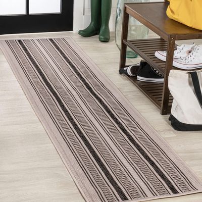 JONATHAN Y Double Stripe Indoor Outdoor Runner Rug 2X8 Black/Beige, Haynes Modern for Backyard, Patio, Porch, Easy-Cleaning, High Traffic, Pet-Friendly, Non-Shedding (SMB202D-28)