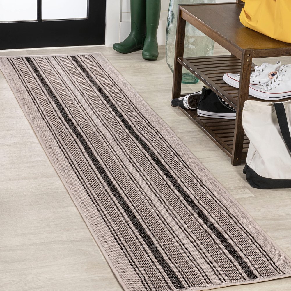 JONATHAN Y Double Stripe Indoor Outdoor Runner Rug 2X8 Black/Beige, Haynes Modern for Backyard, Patio, Porch, Easy-Cleaning, High Traffic, Pet-Friendly, Non-Shedding (SMB202D-28)