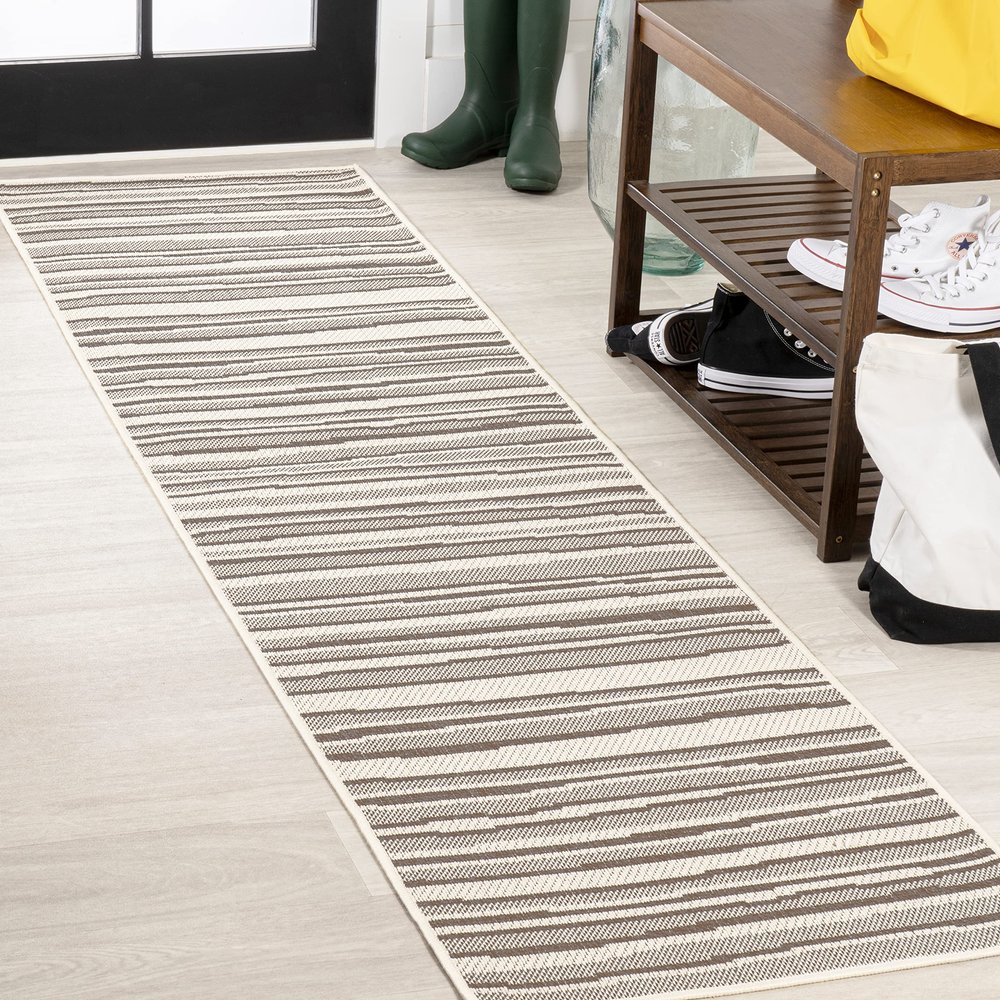 JONATHAN Y Wavy Stripe Indoor Outdoor Runner Rug 2X8 Cream/Dark Gray, Castara Modern for Backyard, Patio, Porch, Easy-Cleaning, High Traffic, Pet-Friendly, Non-Shedding (SMB205C-28)