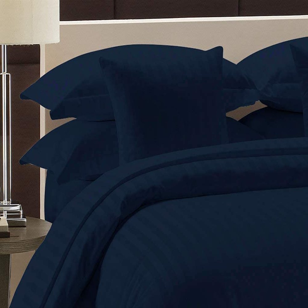 Amuze Bedding Hotel Quality 800 Thread Count Egyptian Cotton 3pc Duvet Cover Set Zipper Closer with Corner Ties (Oversized-King(98" X 120"), Navy Blue Stripe)