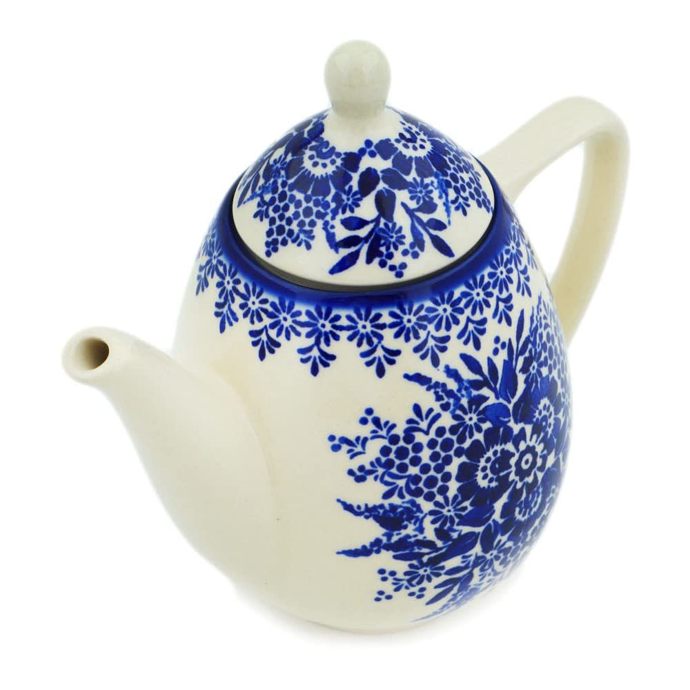 Polmedia Polish Pottery Tea or Coffee Pot UNIKAT - Morning Frost Pattern Handmade in Boleslawiec Poland + Certificate of Authenticity