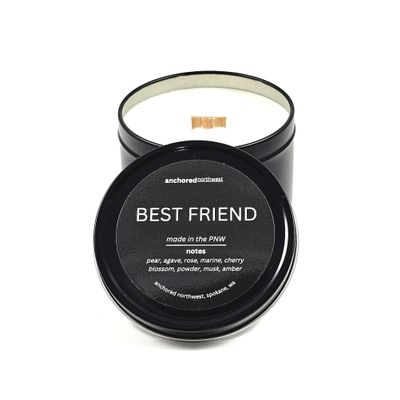 Anchored Northwest - Best Friend Travel Tin Candle, 6oz Black Metal Tin, American Cedar Wood Wick, Hand Poured, Essential Oil Blend 100% Soy Wax, 35+ Hour Burn