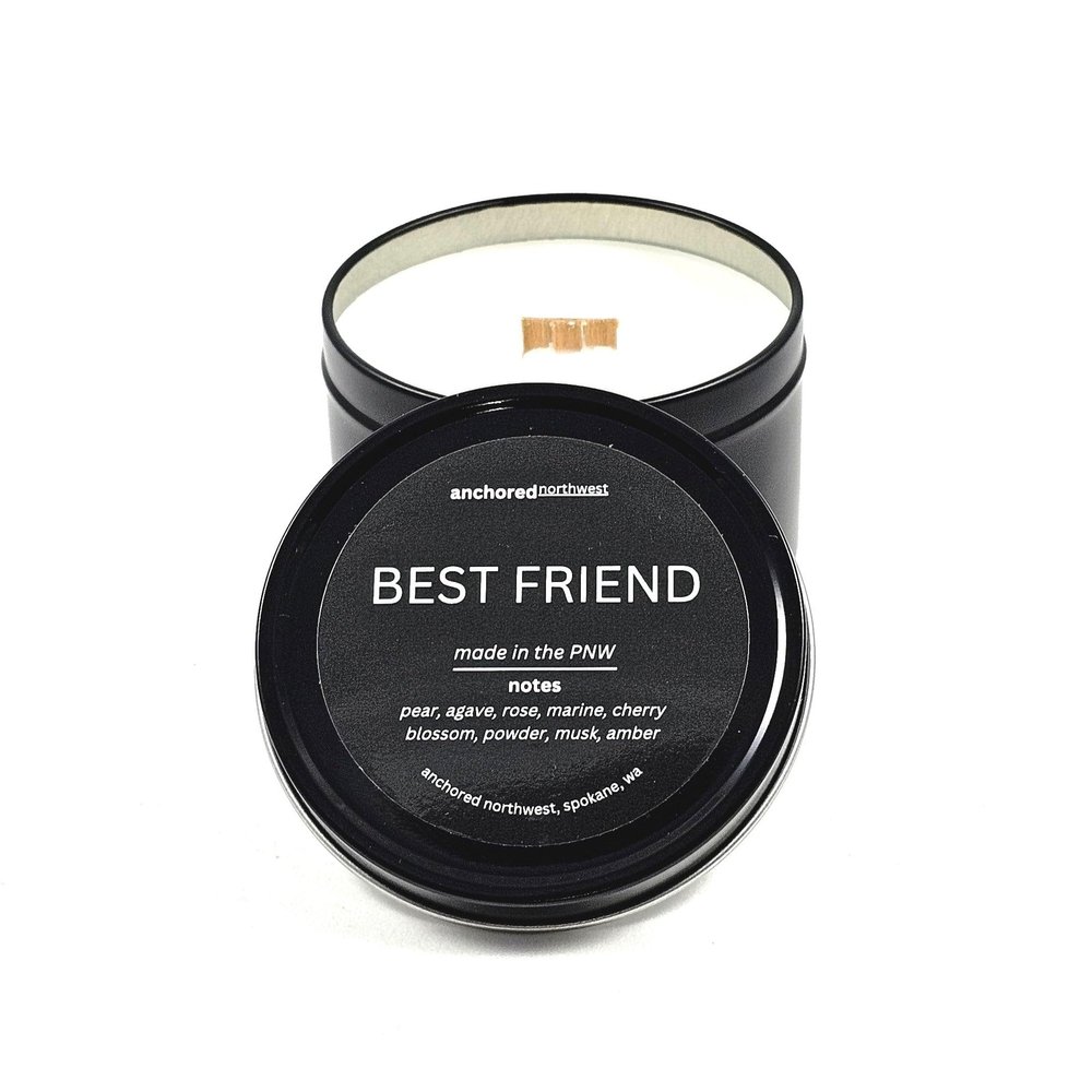 Anchored Northwest - Best Friend Travel Tin Candle, 6oz Black Metal Tin, American Cedar Wood Wick, Hand Poured, Essential Oil Blend 100% Soy Wax, 35+ Hour Burn