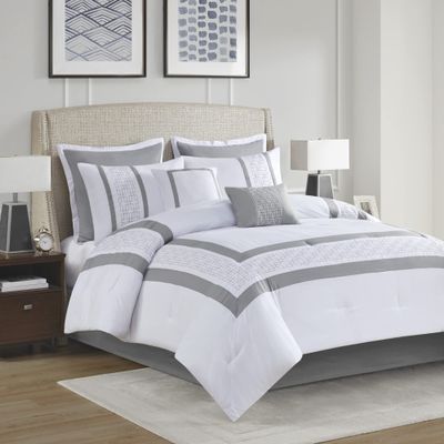 510 DESIGN Powell Cozy Comforter Set, Hotel Style Border Design with Geometric Embroidery Details, All Season Bedding with Matching Sham, Decorative Pillow, Bedskirt, King(104"x92"), White 8 Piece