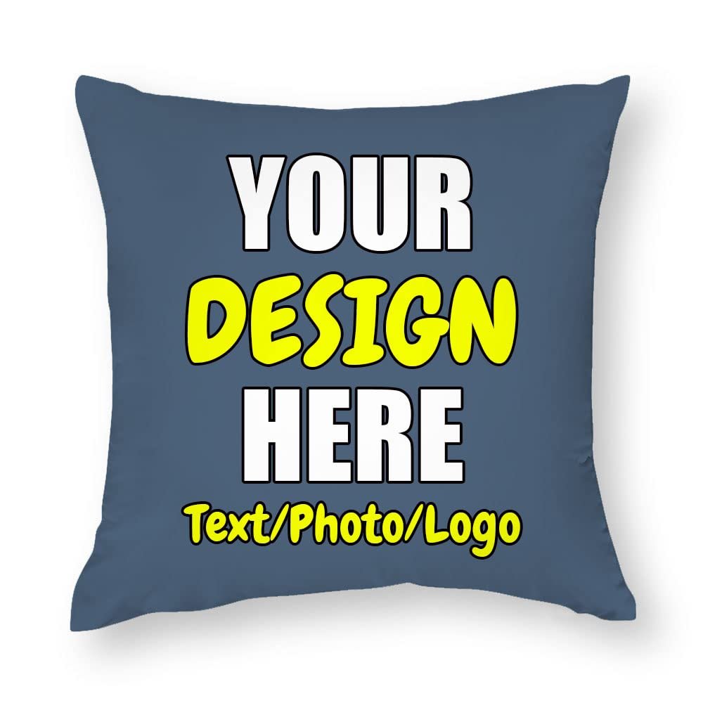 ANGELJUAN Personalized Pillow Case, Design Your Own Add Photos Text Logo Customize Throw Pillowcase, Two-Sides Printed Cushion Covers for Husband, for Wife, for Men, for Women, Indigo Blue, 18"x18"