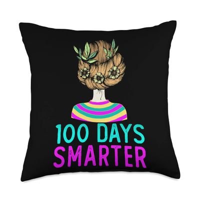 100 Days Smarter Girls Messy Bun Hair 100th Day Of School Throw Pillow