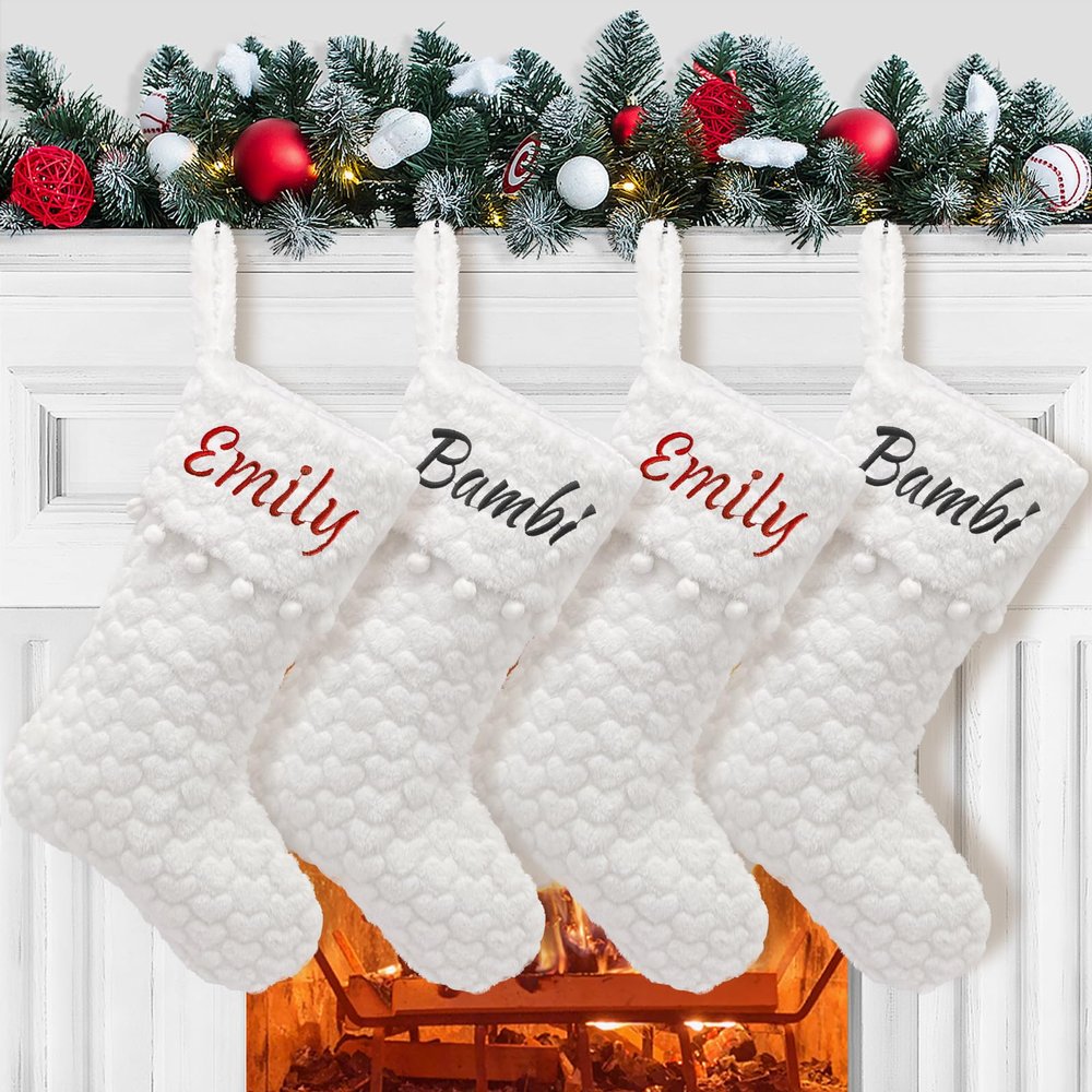 AtiMing Personalized Plush Christmas Stockings Set of 6 Large 22" White Faux Fur Custom Embroidery Christmas Stockings with Names Pom Pom Customized Stockings for Xmas Family Fireplace Decorations