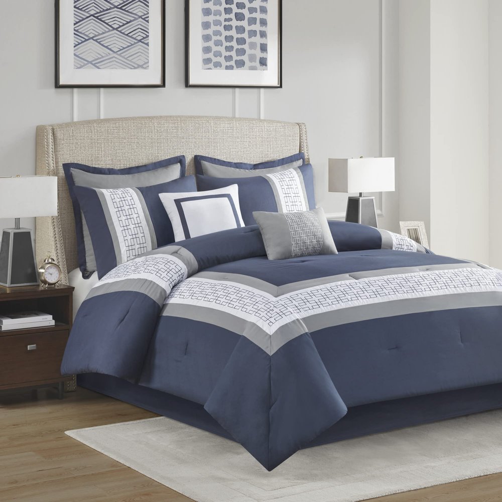 510 DESIGN Powell Cozy Comforter Set, Hotel Style Border Design with Geometric Embroidery Details, All Season Bedding with Matching Sham, Decorative Pillow, Bedskirt, King(104"x92") Navy 8 Piece