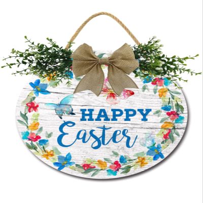 Happy Easter Wreath Door Sign Home Decor Round Wood Wreaths Wall Hanging Sign Farmhouse Porch Sign Front Door Decoration for Housewarming Gift All Seasons Holiday,12In