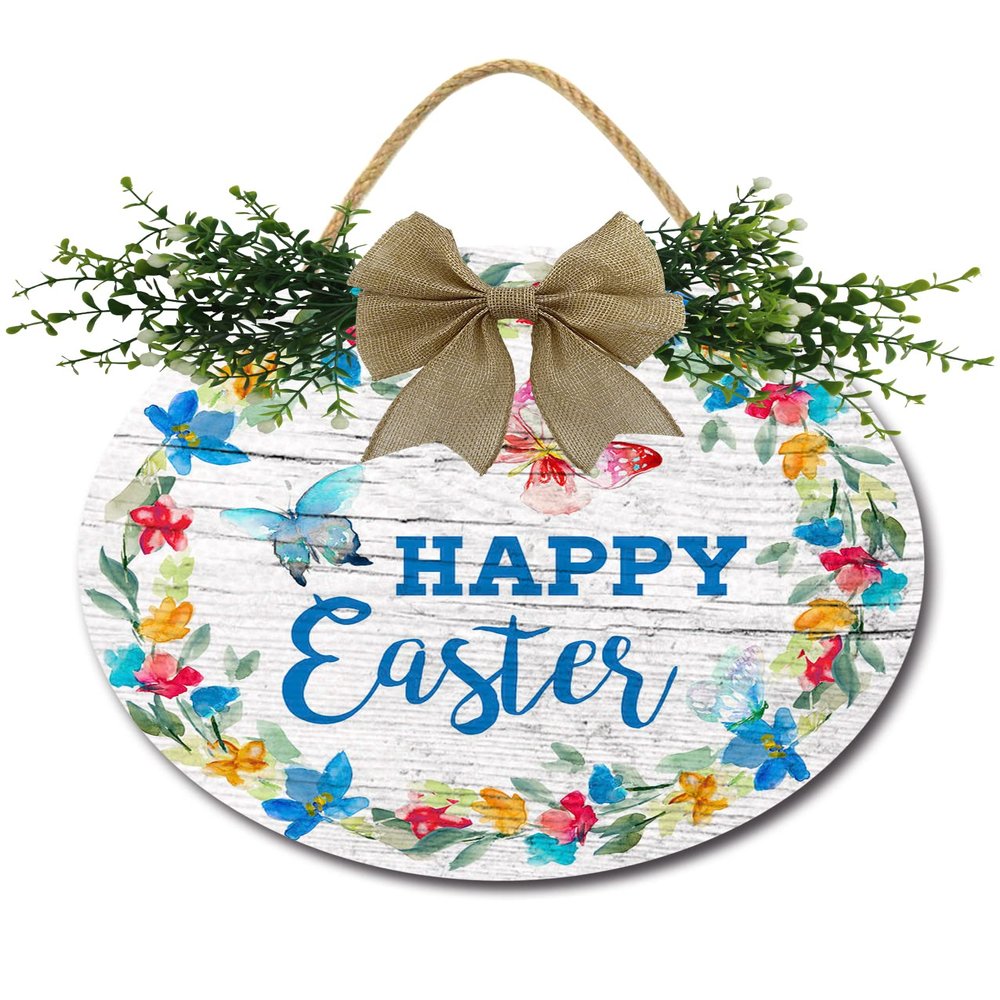 Happy Easter Wreath Door Sign Home Decor Round Wood Wreaths Wall Hanging Sign Farmhouse Porch Sign Front Door Decoration for Housewarming Gift All Seasons Holiday,12In