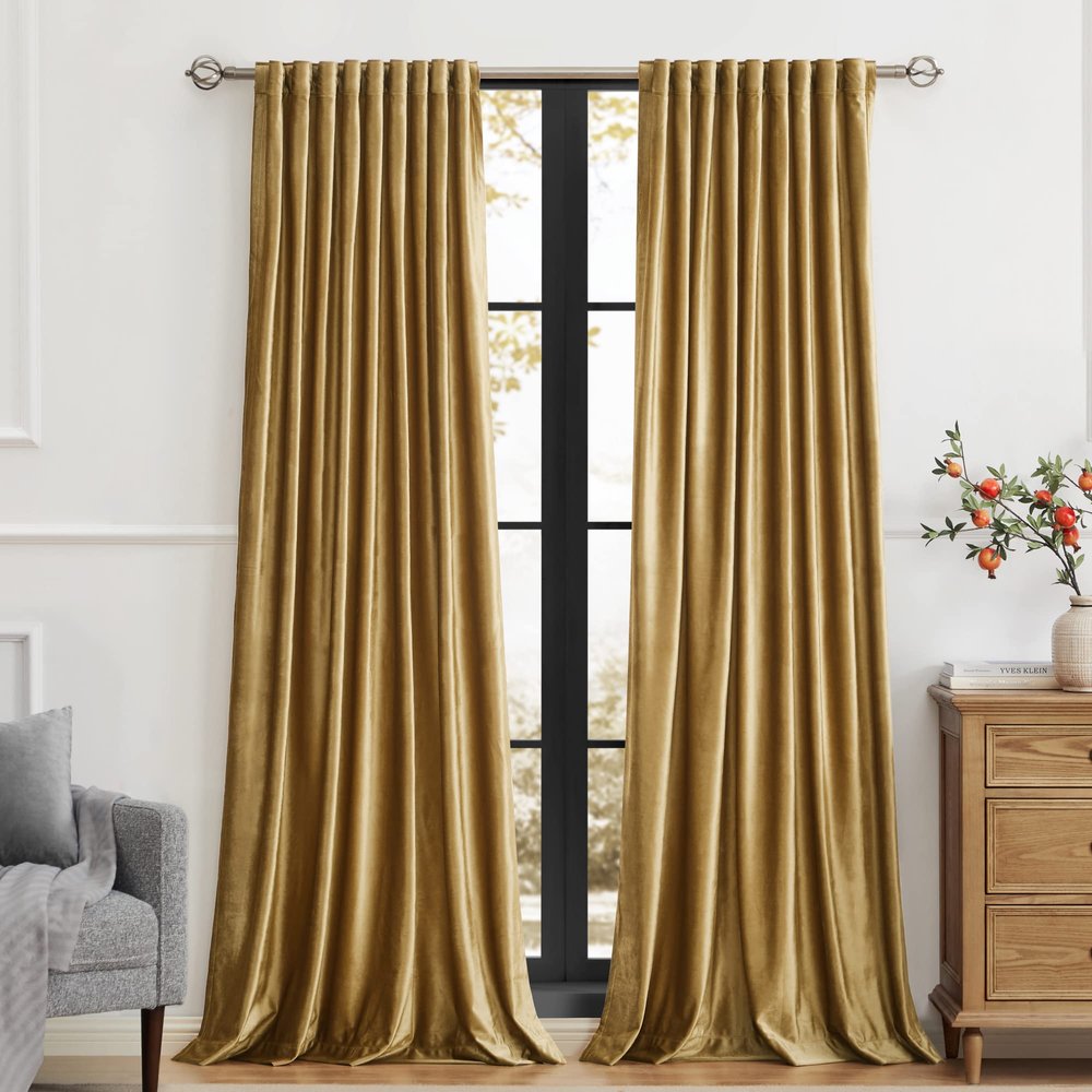 Luxury Gold Velvet Curtains 108 inch Length for Living Room,2 Panels Room Darkening Rod Pocket Back Tab Curtain Elegant Thermal Insulated Heavy Soundproof Noice Reducing Window Drapes for Bedroom