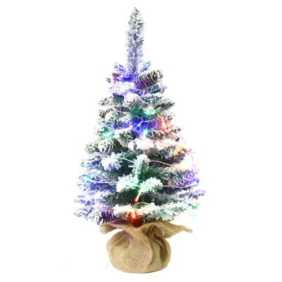 Fofetbfo 23.6 Inch Prelit Mini Christmas Tree Snow Flocked Artificial Pine Xmas Tree with Lights Pinecone and Burlap Base Miniature Christmas Tree for Tabletop Dining Table Xmas Home Decor