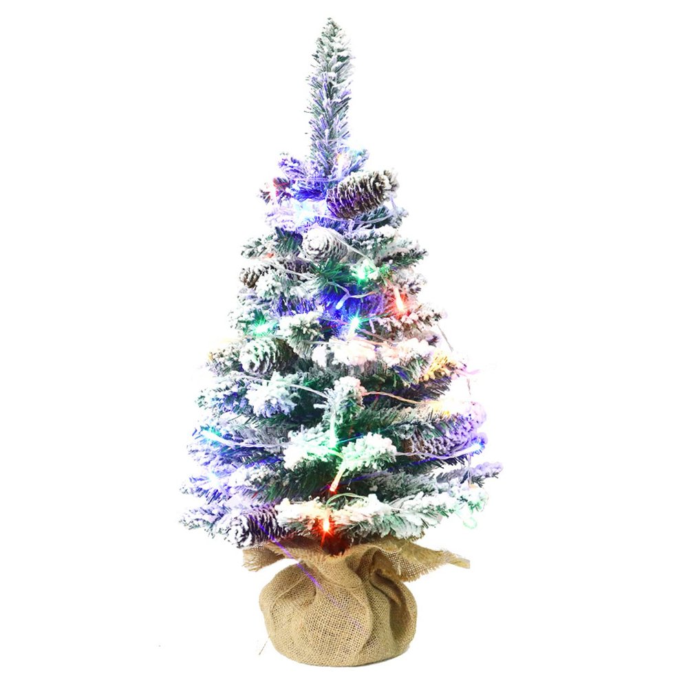 Fofetbfo 23.6 Inch Prelit Mini Christmas Tree Snow Flocked Artificial Pine Xmas Tree with Lights Pinecone and Burlap Base Miniature Christmas Tree for Tabletop Dining Table Xmas Home Decor