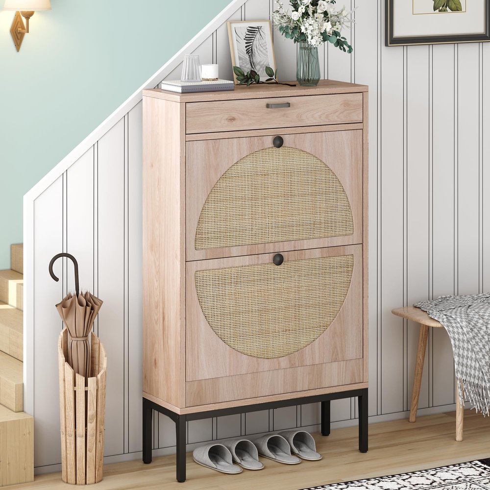 Brafab Shoe Storage Cabinet with 2 Flip Drawers&1 Small Drawer, Slim Entryway Shoe Organizer with Half Round Woven Rattan Doors for Sneakers