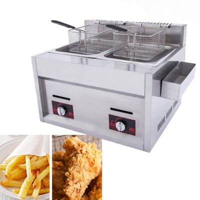 Niczu Stainless Steel Commercial Gas Fryer, 20L Double Cylinder Gas Fryer Tank Fried Chicken French Fries with Basket for Restaurant Home Kitchen