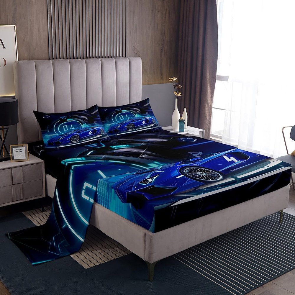 Erosebridal Blue Sports Car Sheet Set Twin,Racing Car Bed Sheets for Kids Boys Girls,Cool Race Car Bedding Set Lightweight,Extreme Sports Automobile Fitted Sheet + Top Sheet + 1 Pillowcase Soft
