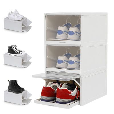3pcs Drawer Type Shoe Storage Box Foldable Storage Plastic Clear Home Organizer Stackable Shoe Organizer Boxes, Clear Plastic Shoe Organizer for Closet, Easy Assembly Space Saving Foldable Shoe Holder Containers Bins (Large)