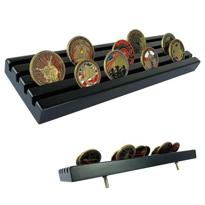 ASmileIndeep Military Coin Display Holder - Wooden Stand Holds 35 Coins, Rack for Desk, Collector's Case, Black Finish