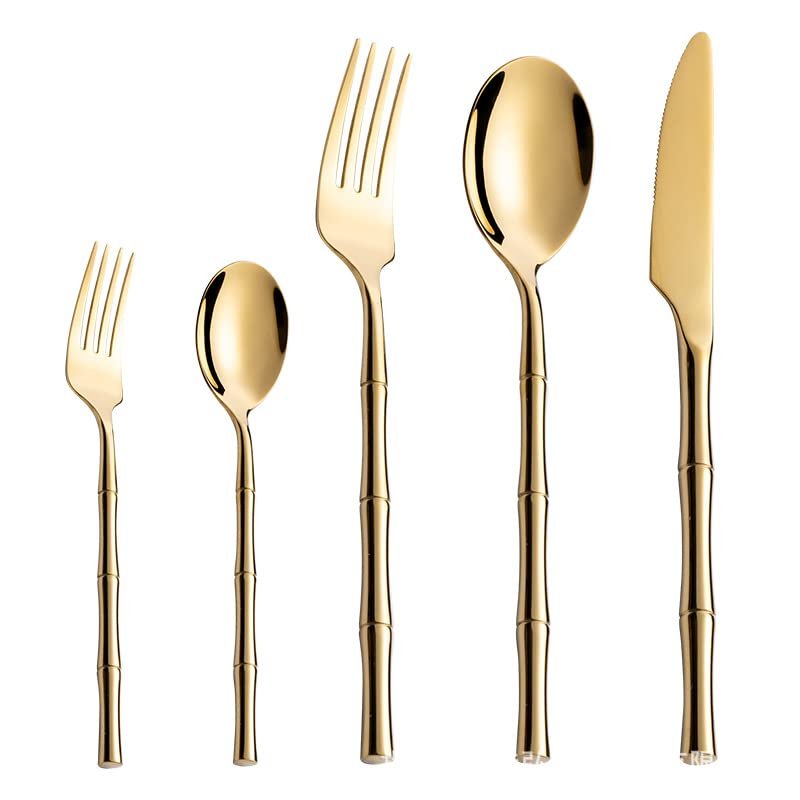 70 Piece Gold Bamboo Silverware Set for 14 Durable 18/10 Stainless Steel Flatware Sets Luxury Wedding Kitchen Restaurant Cutlery Utensil Mirror Polished Knifes Forks and Spoons Set Nice Weight
