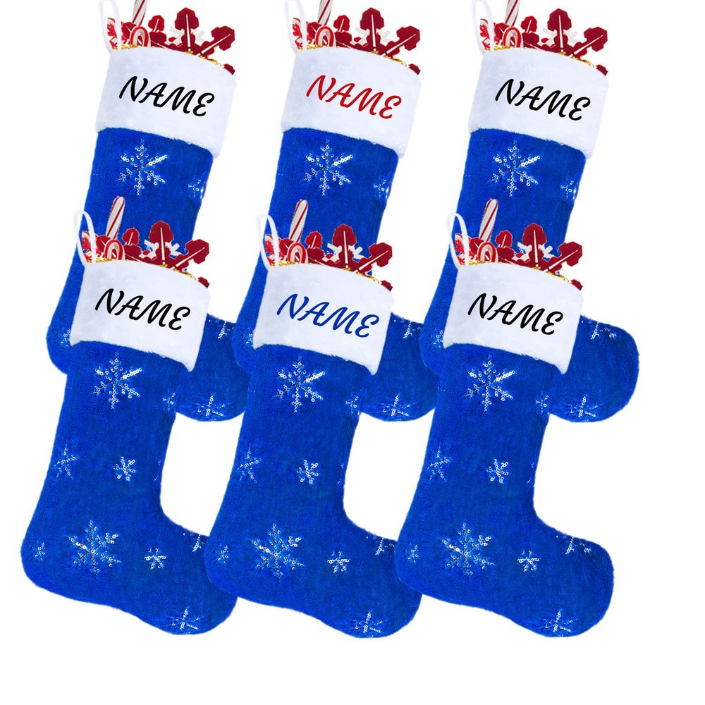 AtiMing Blue Personalized Christmas Stockings Family of 6 Large 22" Navy Blue Faux Fur Christmas Stockings Customize Name Silver Plush Xmas Fireplace Hanging Stockings Home Decoration