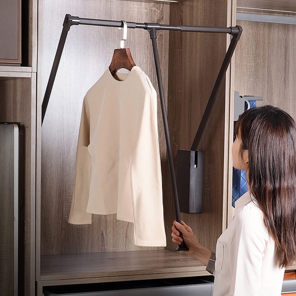 mellifuous Pull Down Closet Rod Adjustable Extender Closet Hanging Rod, 30 lbs Load Capacity Closet Bar for Hanging Clothes, Wardrobe Lift Saving Space Aluminium Rod Automatic Rebound (35''-47'')