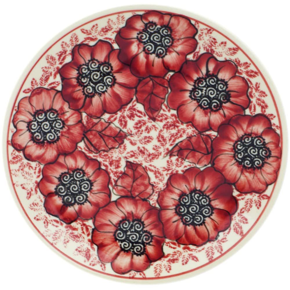 Polmedia Polish Pottery Dessert Plate UNIKAT - Sugar Plum Poppies Pattern Handmade in Boleslawiec Poland by Ceramika Bona + Certificate of Authenticity