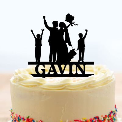 Couple Cake Topper Bride And Groom With 2 Children Family Silhouette Anniversary Wedding Personalized Cake Topper Mr And Mrs Cake Toppers Wedding Party Engagement Decoration Black Color Acrylic