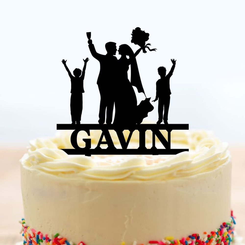 Couple Cake Topper Bride And Groom With 2 Children Family Silhouette Anniversary Wedding Personalized Cake Topper Mr And Mrs Cake Toppers Wedding Party Engagement Decoration Black Color Acrylic