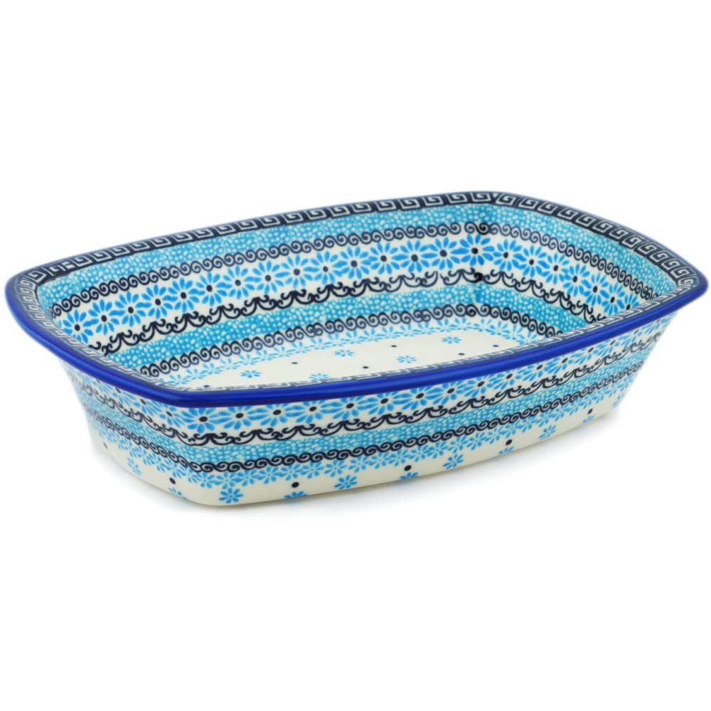 Polmedia Polish Pottery Rectangular Baker UNIKAT - Baby Blues Pattern Handmade in Boleslawiec Poland by Ceramika Dalia + Certificate of Authenticity