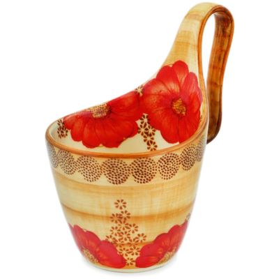 Polmedia Polish Pottery Bowl with Loop-Handle 7-inch UNIKAT - Red Sunset Pattern Handmade in Boleslawiec Poland by Ceramika Dalia + Certificate of Authenticity