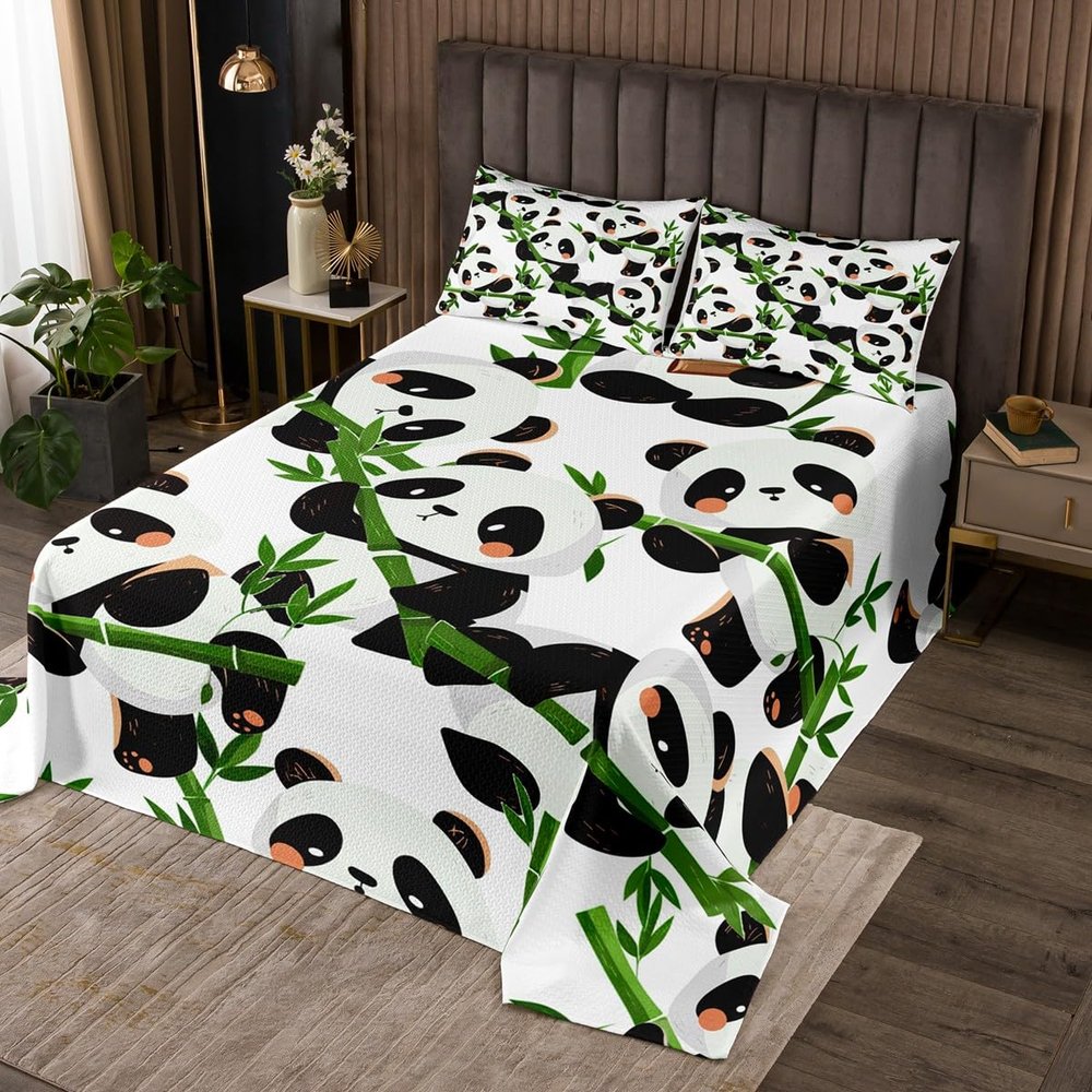 Feelyou Kids Cartoon Panda Bedspread Cute Animal Coverlet Set for Boys Bedroom Decor Kawaii Panda Quilted Coverlet Green Banboo Panda Bear Printed White Quilted Twin 60"x80" with 2 Pillow Case