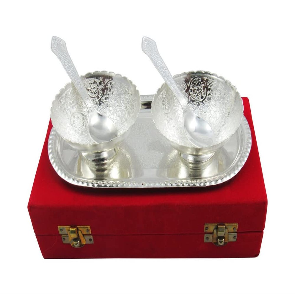 Western Eiderdown Presents Brass German Silver Plated Zari Nakshi Loti, Silver #Aport-117