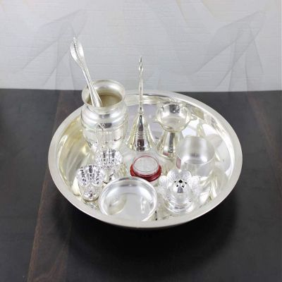 Deco Alankaram Presents 10 Inch Pavitra Tarbhana Silver Plated Pooja Thali Set for Home- Silver #Frienemy-372