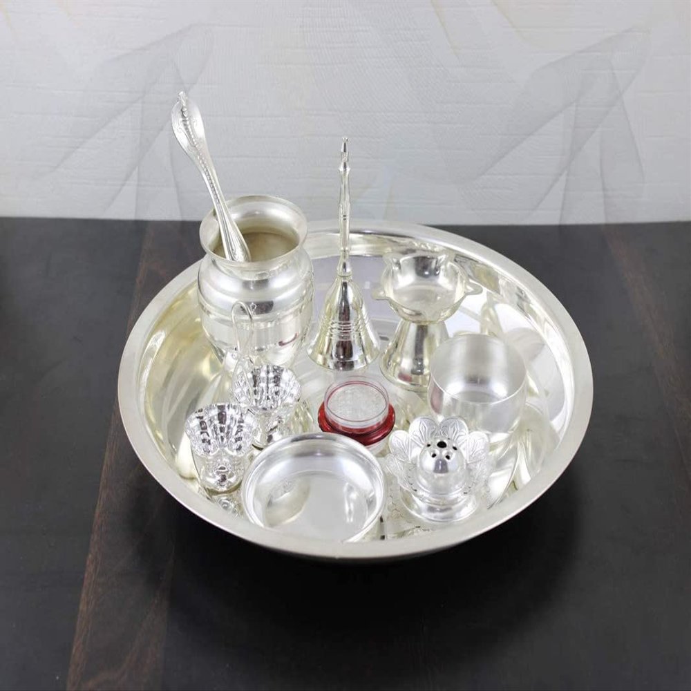 Deco Alankaram Presents 10 Inch Pavitra Tarbhana Silver Plated Pooja Thali Set for Home- Silver #Frienemy-372