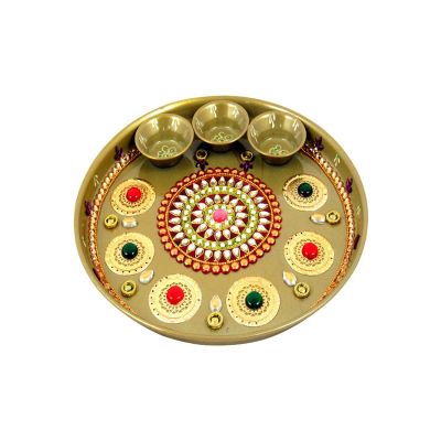 Western Eiderdown Presents Elegant Floral Design Kundan Work Pooja Aarti Thali, Pooja Decorative Items for Home, Diwali Pooja Thali Set, Return Gifts, Housewarming Gifts, Pack #Aport-161