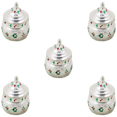 Western Eiderdown Presents Big Fancy Four-in-One Jod Kamal for Pooja, Silver Plated Haldi-Kumkum Karand for Indian Pooja Items for Home, Housewarming Return - Pack of 5#Aport-238