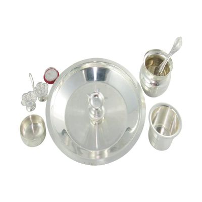 Deco Alankaram Presents Kalash Special Metal 8 Inch Silver Plated Pooja Thali Set with German Silver Coin for Home #Frienemy-348