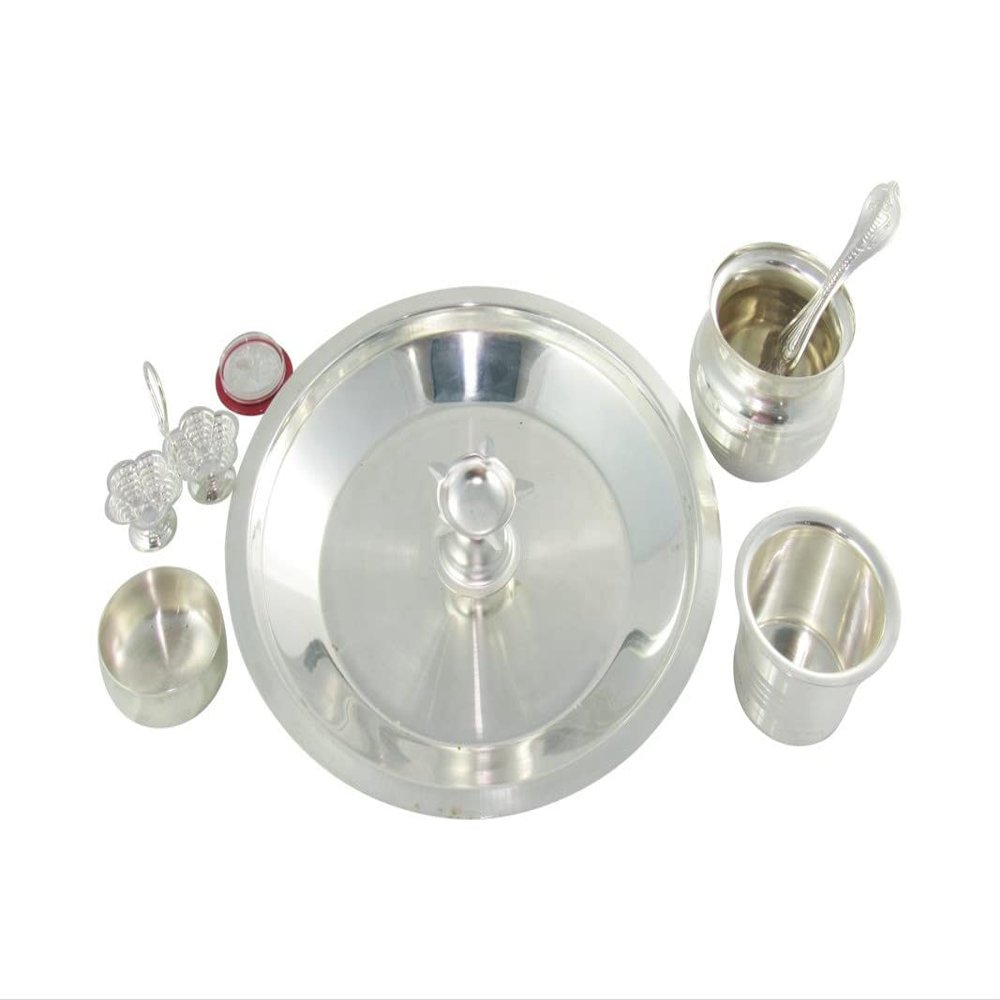 Deco Alankaram Presents Kalash Special Metal 8 Inch Silver Plated Pooja Thali Set with German Silver Coin for Home #Frienemy-348