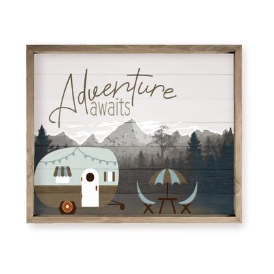 Adventure Awaits Camper Mountain Farmhouse Style Wall Decor Sign With Frame 16x20