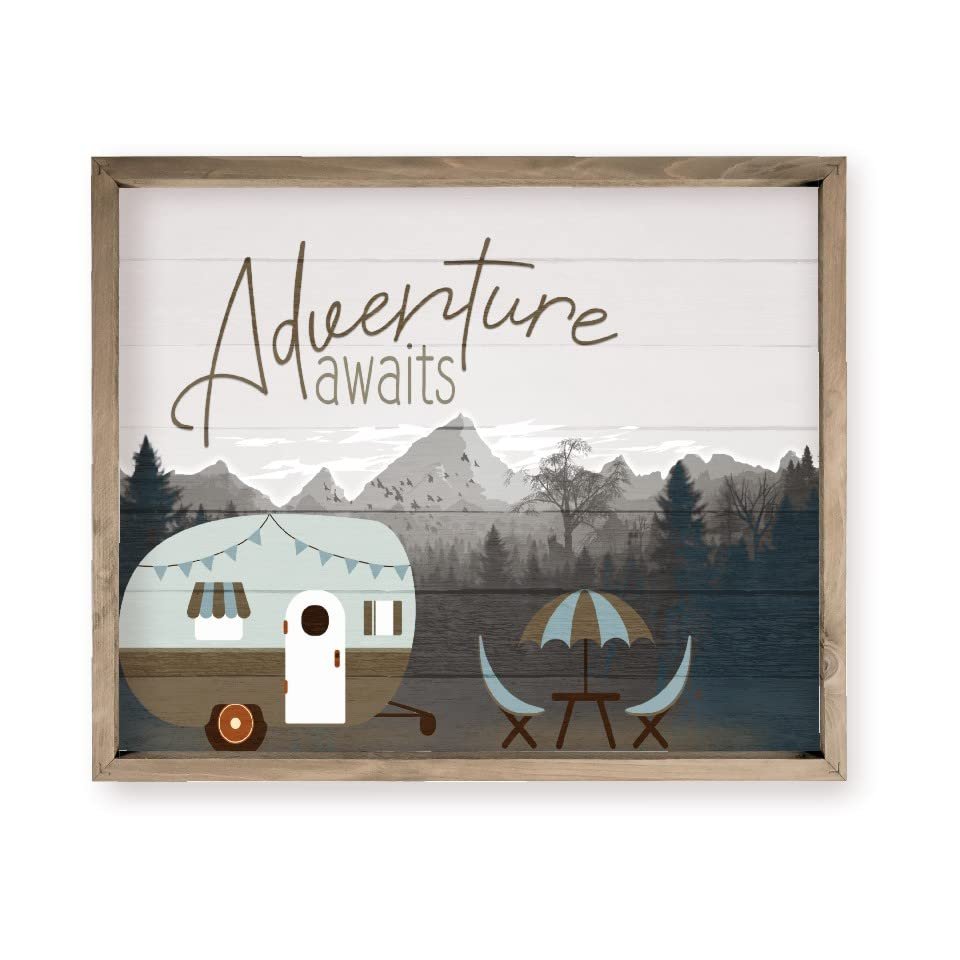 Adventure Awaits Camper Mountain Farmhouse Style Wall Decor Sign With Frame 16x20