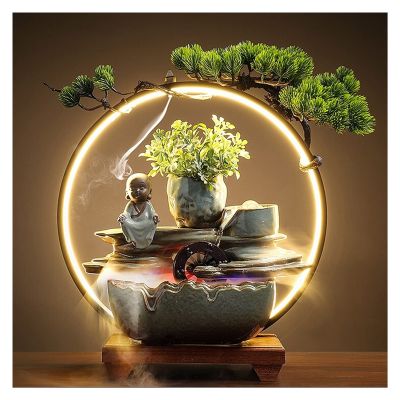 BNNP Indoor Tabletop Fountains Indoor Tabletop Zen Waterfall Fountain with LED Light Desktop Relaxing Water Fountain for Bedroom Living Room Office 17.7 Inch Height Decoration Meditation Fountain