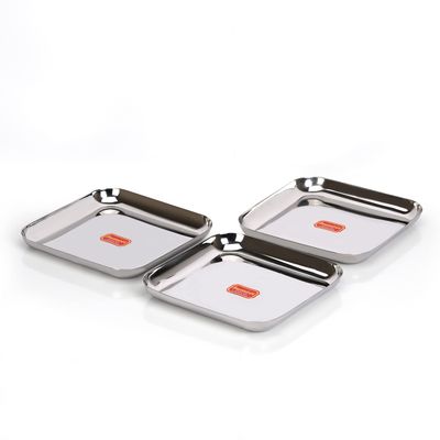 Sumeet Stainless Steel Square Dinner Plate Set of 3pcs, 25cm Dia, Silver
