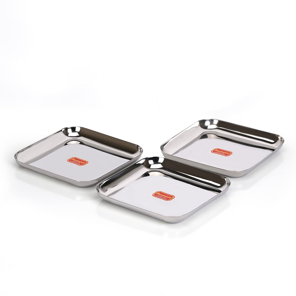 Sumeet Stainless Steel Square Dinner Plate Set of 3pcs, 25cm Dia, Silver