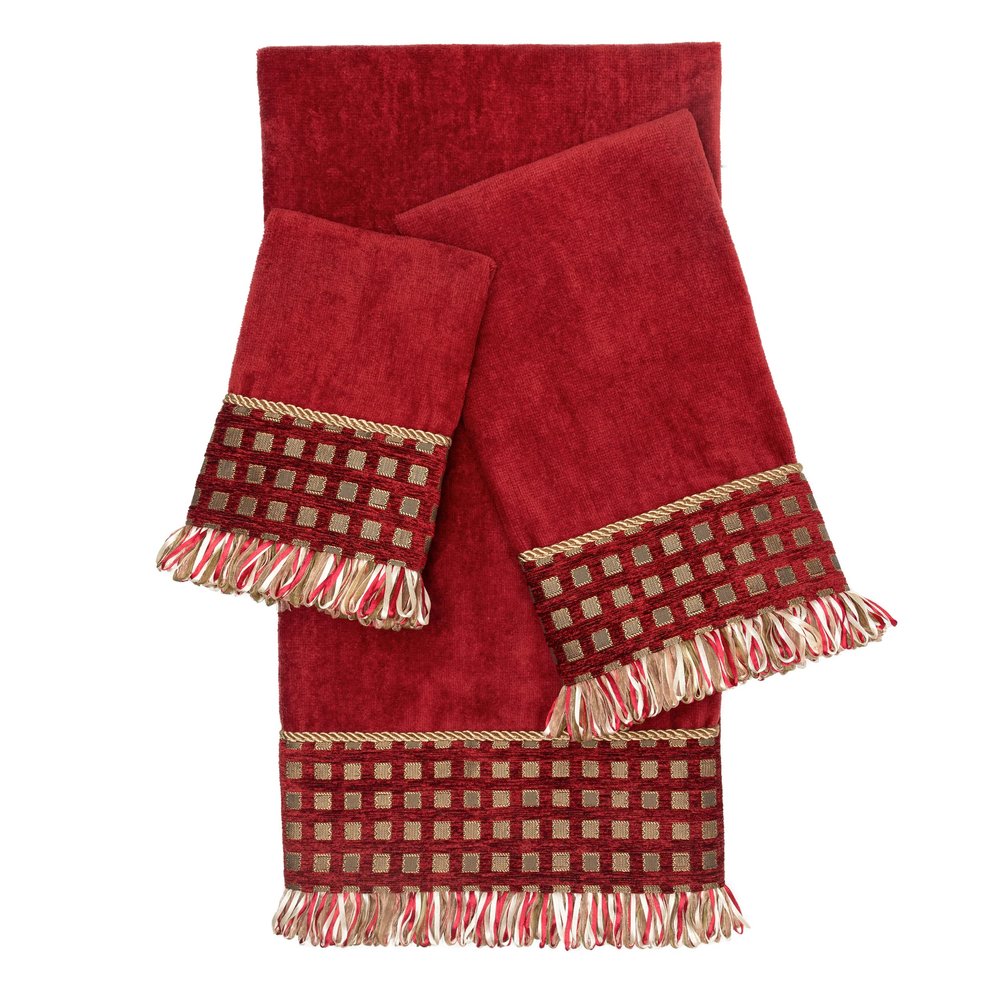Austin Horn Classics Blockade 3-Piece Decorative Towel Set, with Jacquard Fabric & Looped Ribbon Fringe, Pure Cotton 1 Bath, Hand & Tip Towel, Extra Absorbent, Super Soft Bath Towels (Red)