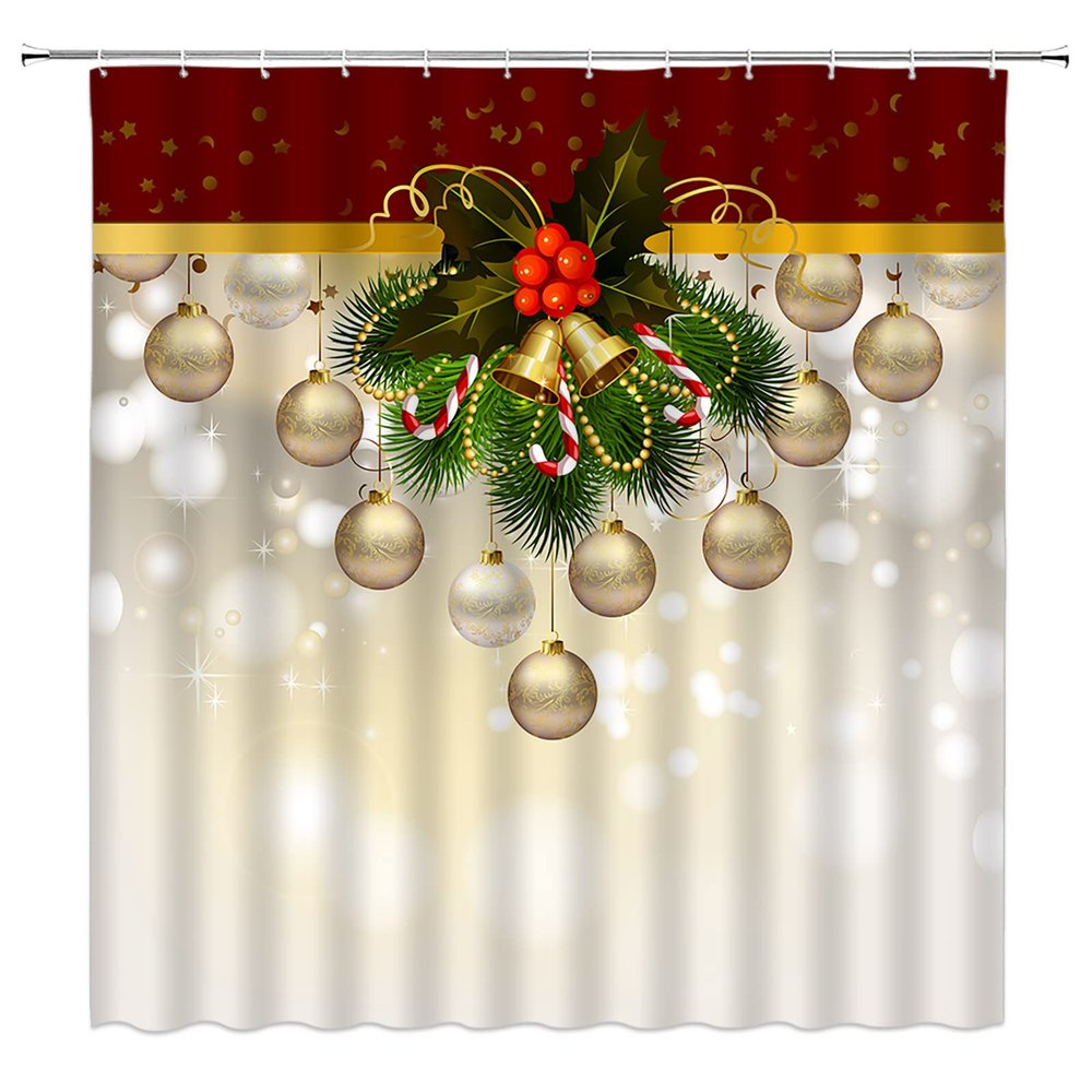 ABONAN Merry Christmas Shower Curtain Christmas Ball Pine Leaf Dreamy Xmas Bells Berry Happy New Year Winter Holiday Fabric Bathroom Curtains Decor Set with Hook(67" Wx70 H)