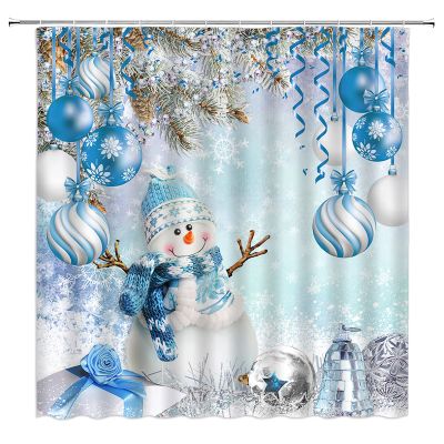 ABONAN Merry Christmas Shower Curtain Xmas Snowman Cute Tree Winter Snowflakes Fir Branch Christmas Ball Fabric Bathroom Curtains Decor Set with Hook (67" Wx70 H)