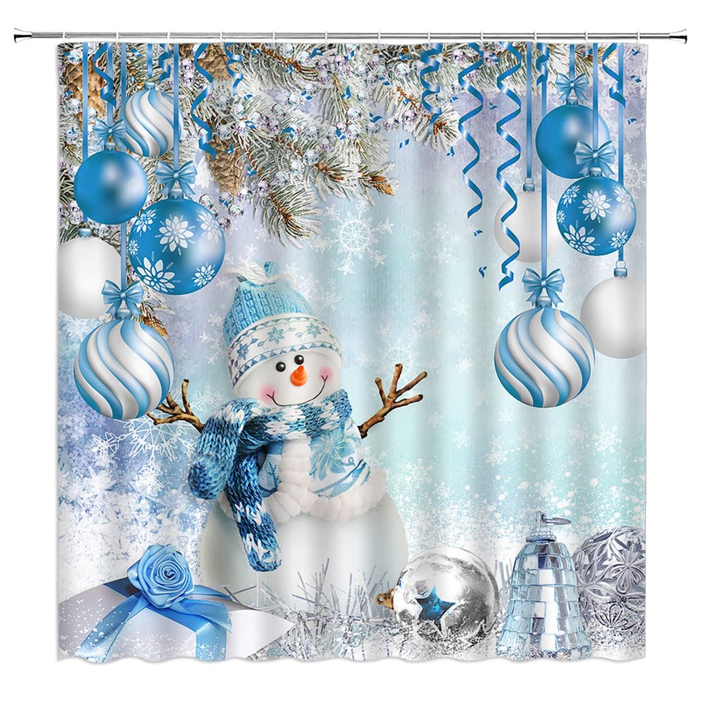 ABONAN Merry Christmas Shower Curtain Xmas Snowman Cute Tree Winter Snowflakes Fir Branch Christmas Ball Fabric Bathroom Curtains Decor Set with Hook (67" Wx70 H)